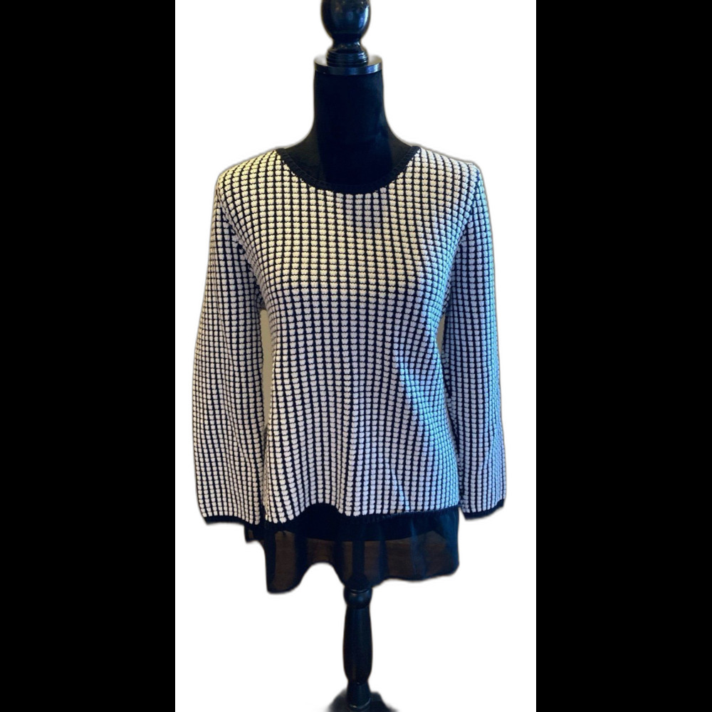 Style & Co Sweater Plus Size XL Top Black White 60% Cotton Sheer Hem Crew‎ Neck